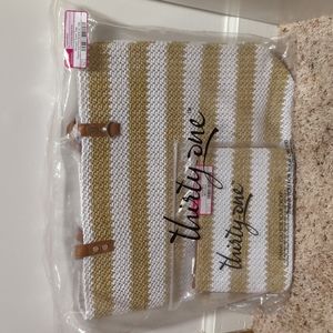 Thirty-One Around Town Tote White Striped Straw with Rubie Mini